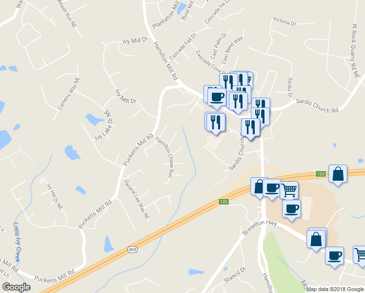 map of restaurants, bars, coffee shops, grocery stores, and more near 3356 Mill River Cove in Buford