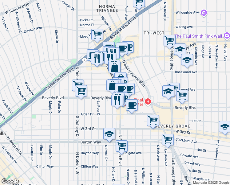 map of restaurants, bars, coffee shops, grocery stores, and more near 8818 Rosewood Avenue in West Hollywood