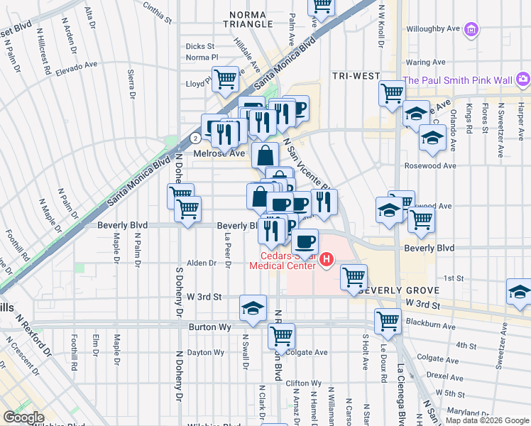 map of restaurants, bars, coffee shops, grocery stores, and more near 8808 Ashcroft Avenue in West Hollywood