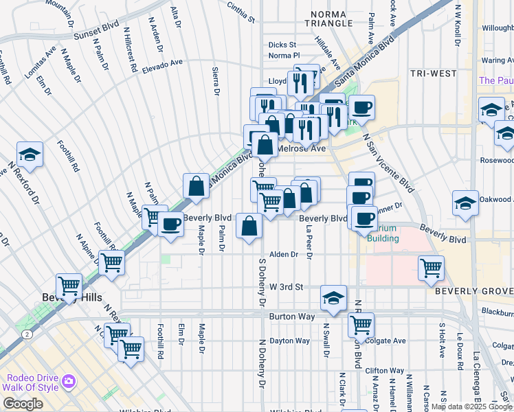 map of restaurants, bars, coffee shops, grocery stores, and more near 431 North Doheny Drive in Beverly Hills