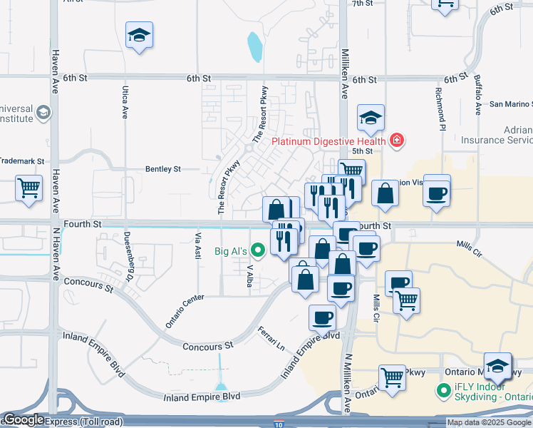 map of restaurants, bars, coffee shops, grocery stores, and more near 11100 Fourth Street in Rancho Cucamonga