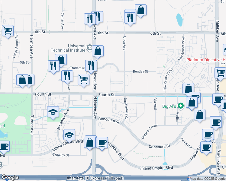 map of restaurants, bars, coffee shops, grocery stores, and more near 10650 East 4th Street in Rancho Cucamonga