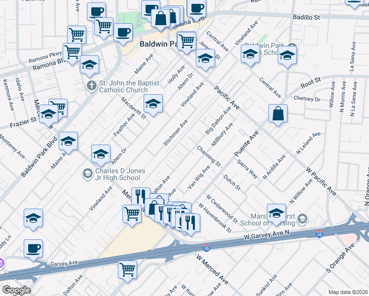 map of restaurants, bars, coffee shops, grocery stores, and more near 14573 Channing Street in Baldwin Park