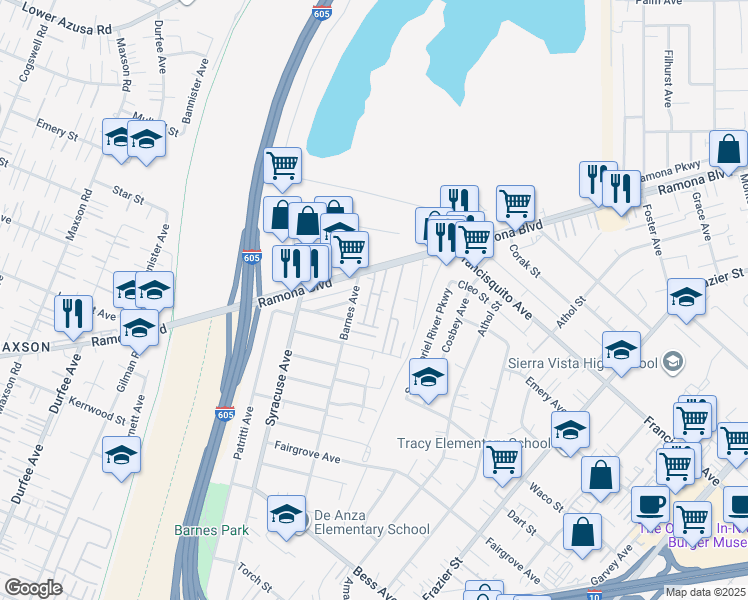 map of restaurants, bars, coffee shops, grocery stores, and more near 3678 Barnes Avenue in Baldwin Park