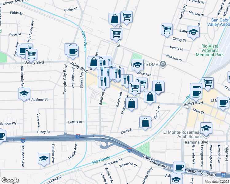 map of restaurants, bars, coffee shops, grocery stores, and more near 10041 Valley Boulevard in El Monte