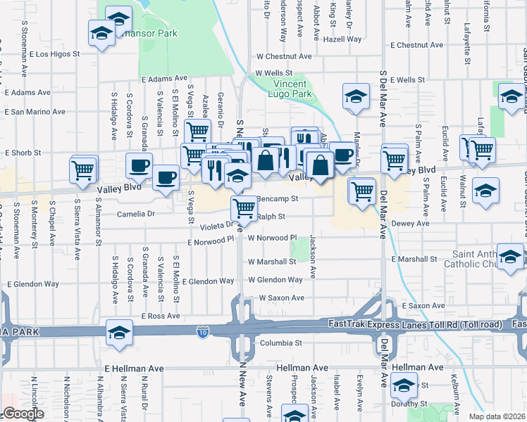 map of restaurants, bars, coffee shops, grocery stores, and more near 501 West Bencamp Street in San Gabriel