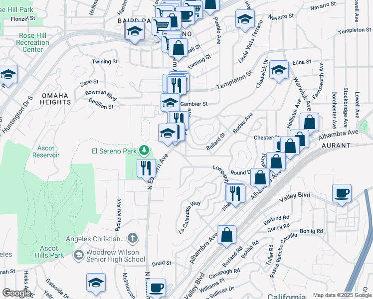 map of restaurants, bars, coffee shops, grocery stores, and more near 2730 North Eastern Avenue in Los Angeles