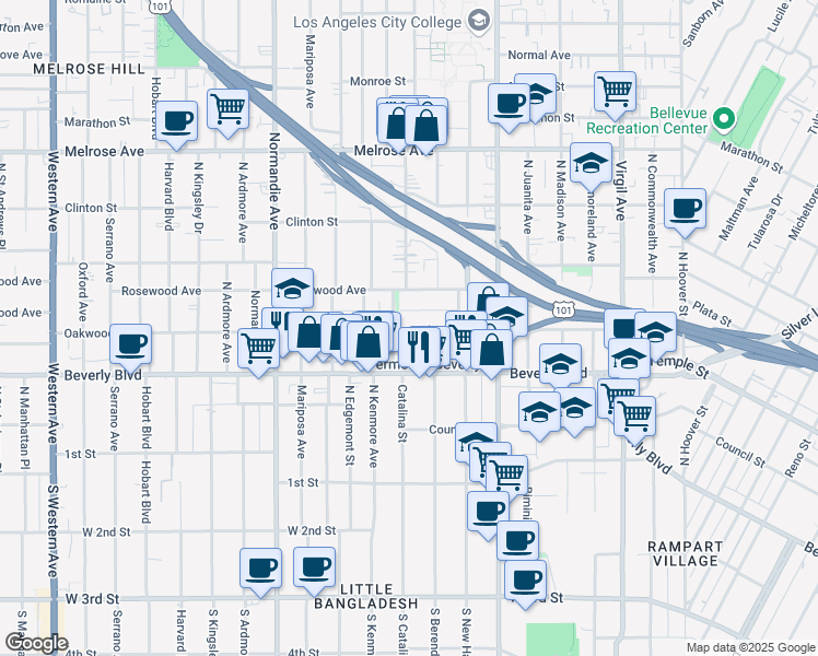 map of restaurants, bars, coffee shops, grocery stores, and more near 4126 Rosewood Avenue in Los Angeles