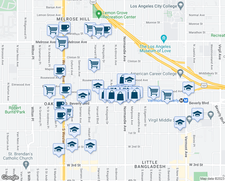 map of restaurants, bars, coffee shops, grocery stores, and more near 426 North Ardmore Avenue in Los Angeles