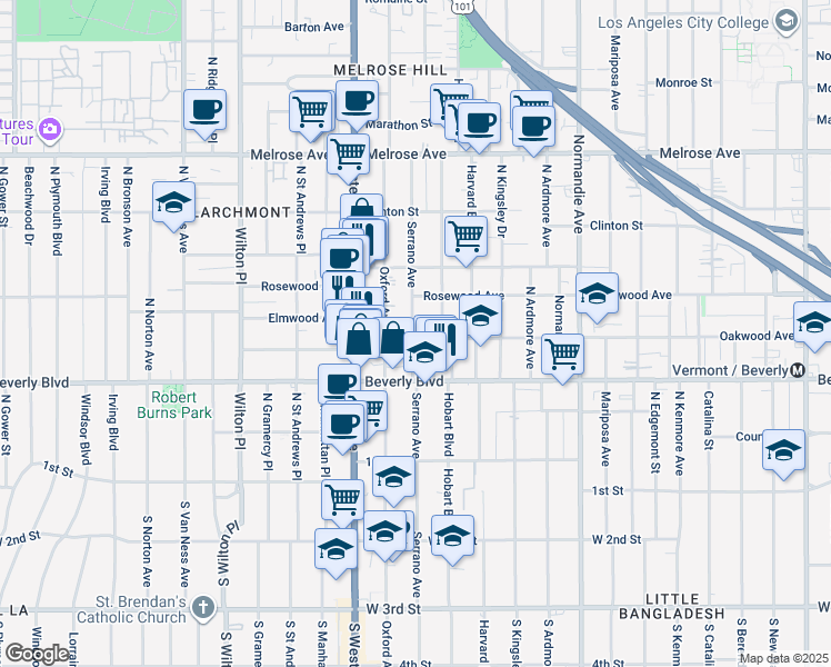 map of restaurants, bars, coffee shops, grocery stores, and more near 428 North Serrano Avenue in Los Angeles