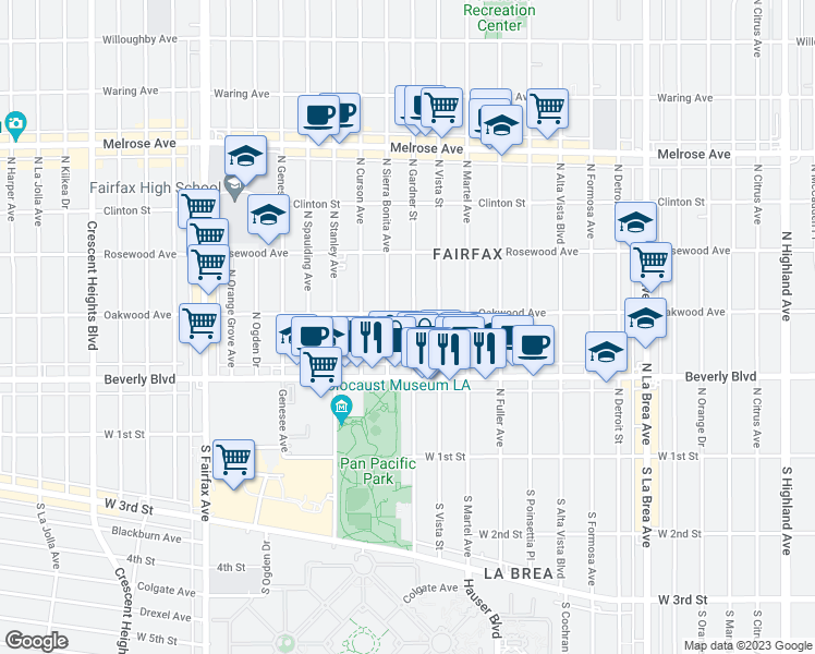 map of restaurants, bars, coffee shops, grocery stores, and more near 412 1/2 North Gardner Street in Los Angeles