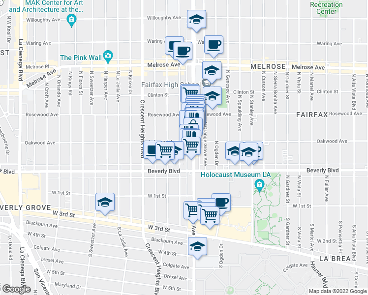 map of restaurants, bars, coffee shops, grocery stores, and more near 410 North Hayworth Avenue in Los Angeles