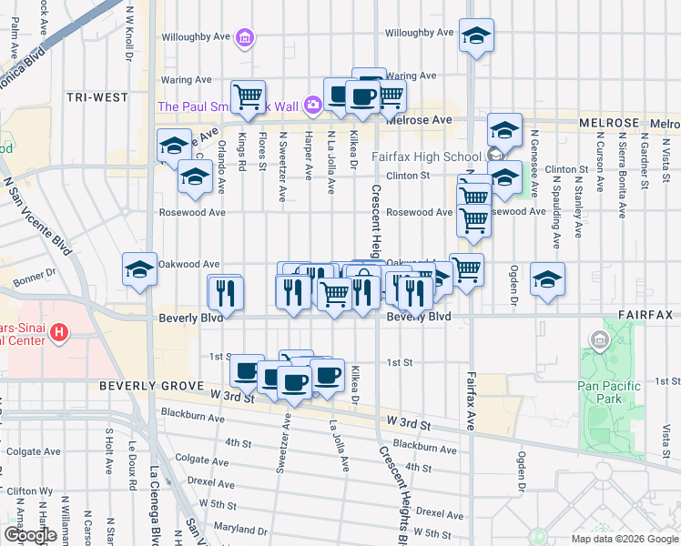 map of restaurants, bars, coffee shops, grocery stores, and more near 411 North La Jolla Avenue in Los Angeles