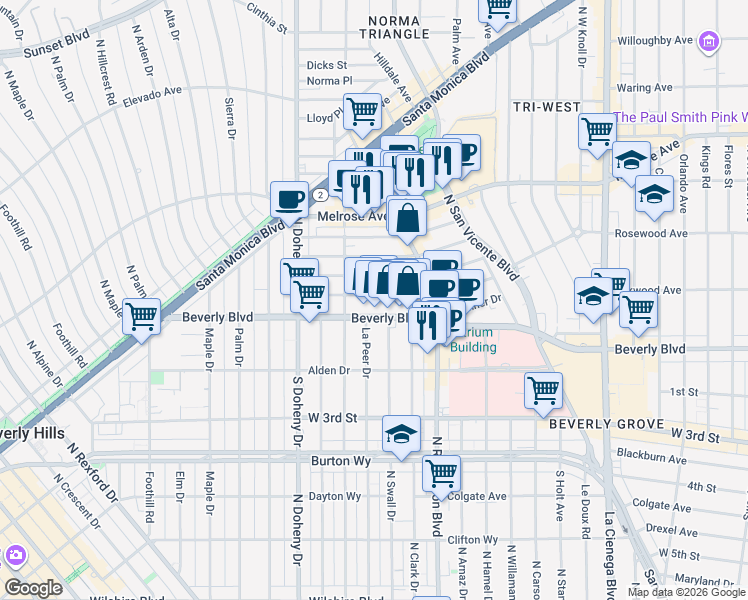 map of restaurants, bars, coffee shops, grocery stores, and more near 8852 Ashcroft Avenue in West Hollywood