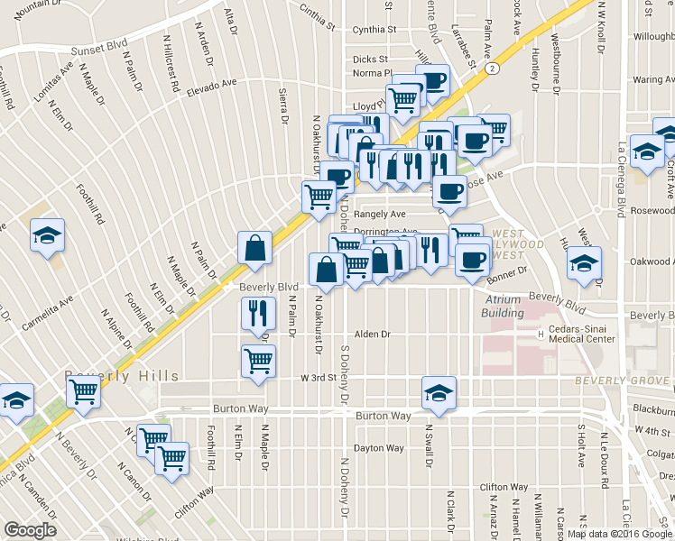 map of restaurants, bars, coffee shops, grocery stores, and more near 440 North Oakhurst Drive in Beverly Hills
