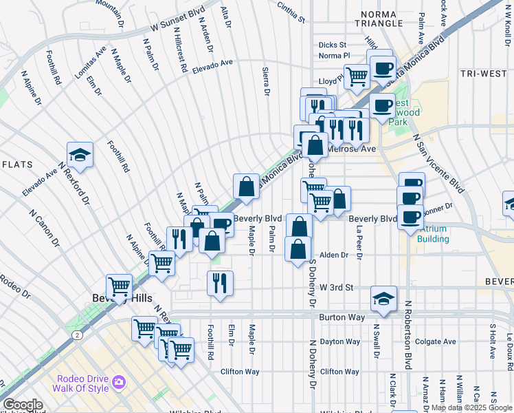 map of restaurants, bars, coffee shops, grocery stores, and more near 150 Civic Center Drive in Beverly Hills