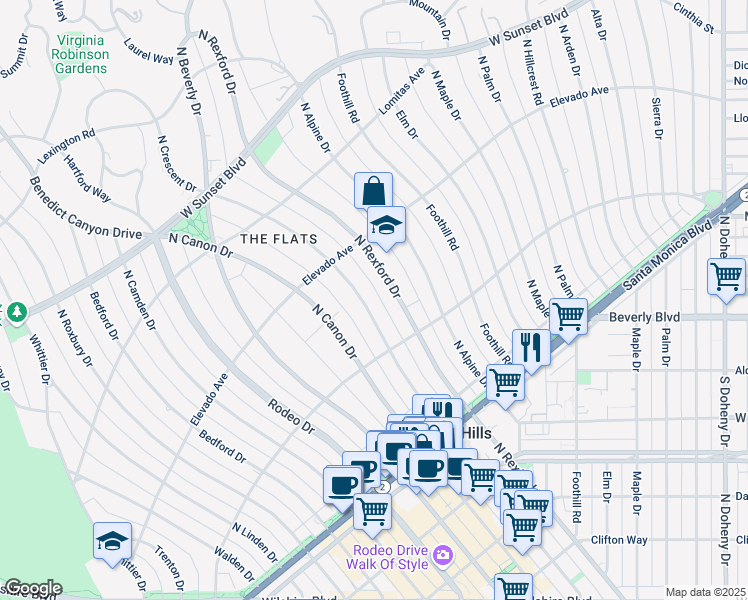 map of restaurants, bars, coffee shops, grocery stores, and more near 624 North Crescent Drive in Beverly Hills