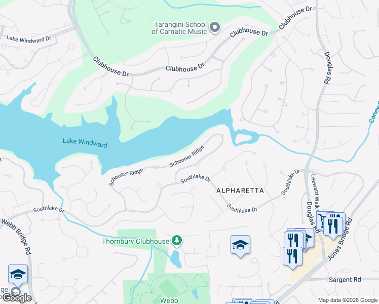 map of restaurants, bars, coffee shops, grocery stores, and more near 3800 Schooner Ridge in Alpharetta
