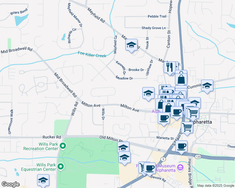 map of restaurants, bars, coffee shops, grocery stores, and more near 333 Lynne Circle in Alpharetta