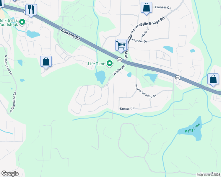 map of restaurants, bars, coffee shops, grocery stores, and more near 200 Wigley Road in Woodstock