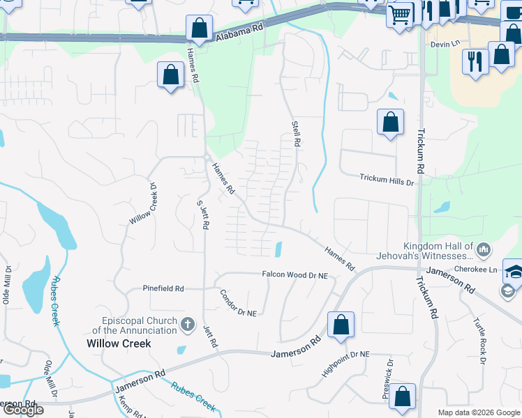 map of restaurants, bars, coffee shops, grocery stores, and more near 535 West Oaks Drive in Woodstock