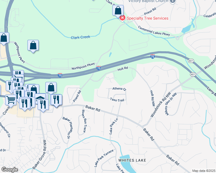 map of restaurants, bars, coffee shops, grocery stores, and more near 1095 Athena Court in Acworth