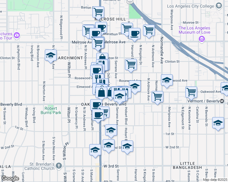map of restaurants, bars, coffee shops, grocery stores, and more near 401 Serrano Avenue in Los Angeles