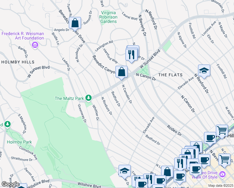 map of restaurants, bars, coffee shops, grocery stores, and more near 812 North Bedford Drive in Beverly Hills