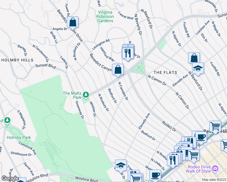 map of restaurants, bars, coffee shops, grocery stores, and more near 812 North Bedford Drive in Beverly Hills