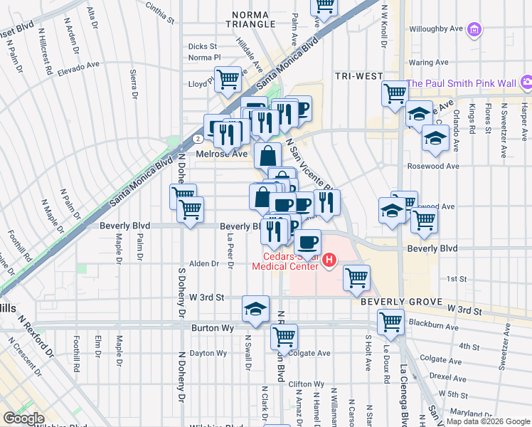 map of restaurants, bars, coffee shops, grocery stores, and more near 8808 Ashcroft Avenue in West Hollywood