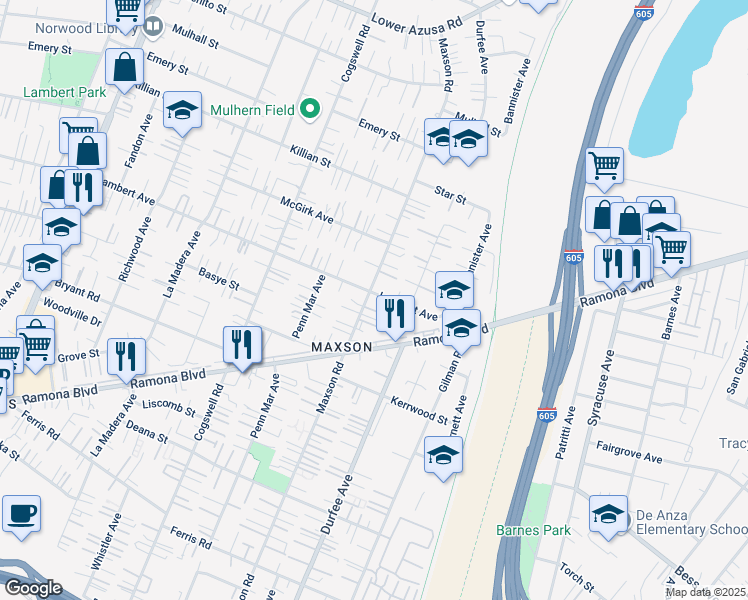 map of restaurants, bars, coffee shops, grocery stores, and more near 4276 Maxson Road in El Monte