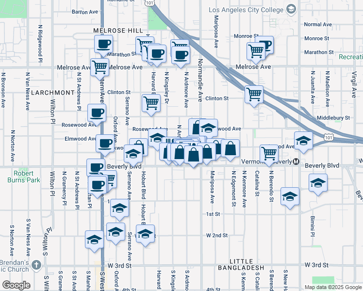 map of restaurants, bars, coffee shops, grocery stores, and more near 402 North Ardmore Avenue in Los Angeles