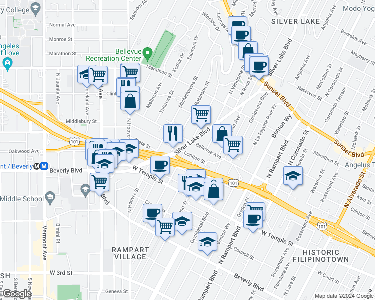 map of restaurants, bars, coffee shops, grocery stores, and more near 3125 London Street in Los Angeles