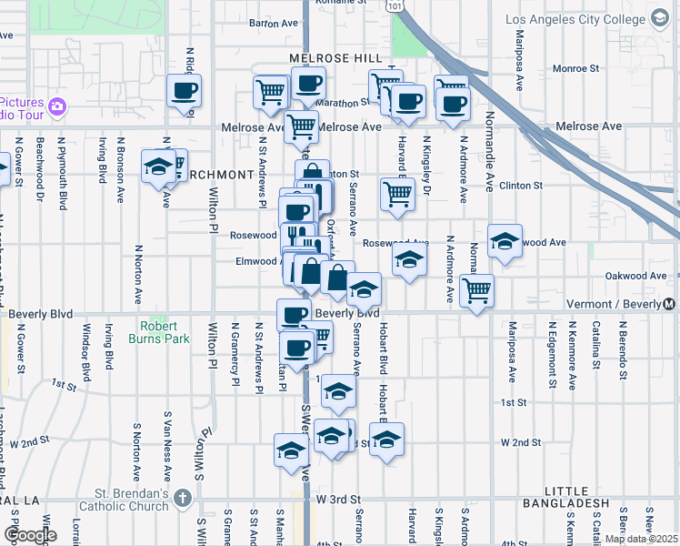 map of restaurants, bars, coffee shops, grocery stores, and more near 4621 Oakwood Avenue in Los Angeles