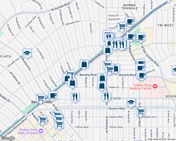 map of restaurants, bars, coffee shops, grocery stores, and more near 430 North Maple Drive in Beverly Hills