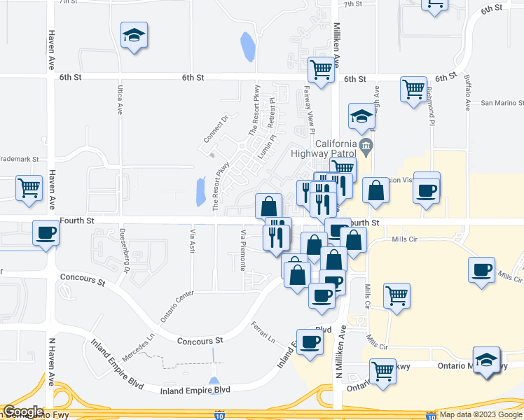 map of restaurants, bars, coffee shops, grocery stores, and more near 11098 Fourth Street in Rancho Cucamonga