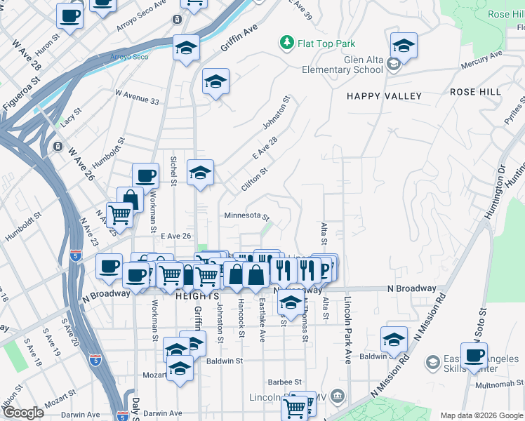 map of restaurants, bars, coffee shops, grocery stores, and more near 3135 Minnesota Street in Los Angeles