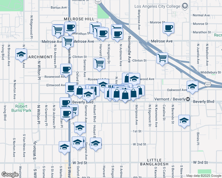 map of restaurants, bars, coffee shops, grocery stores, and more near 4421 Oakwood Avenue in Los Angeles