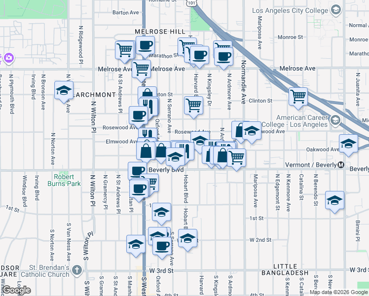 map of restaurants, bars, coffee shops, grocery stores, and more near 433 North Harvard Boulevard in Los Angeles