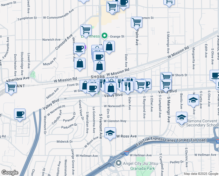 map of restaurants, bars, coffee shops, grocery stores, and more near 1332 Elm Street in Alhambra