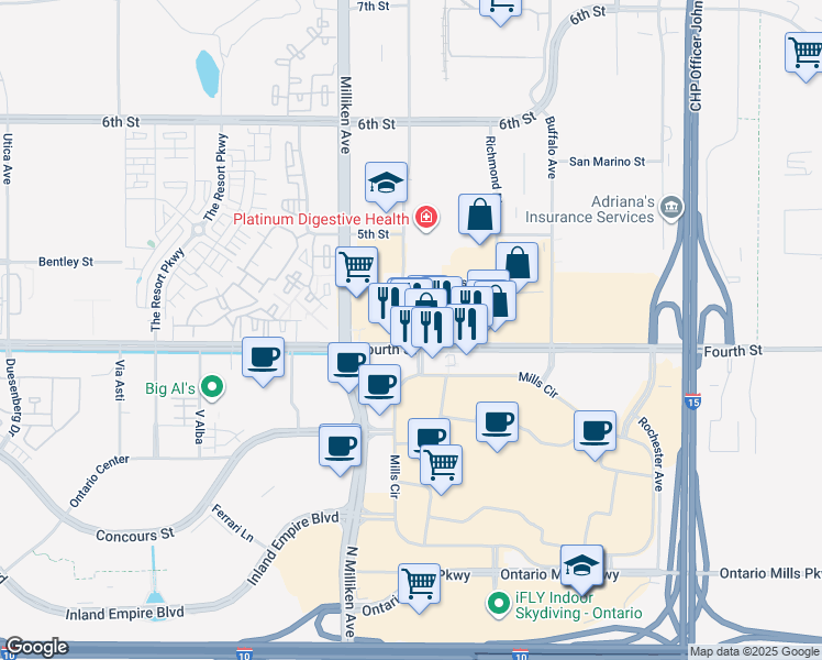 map of restaurants, bars, coffee shops, grocery stores, and more near 11400 Fourth Street in Rancho Cucamonga