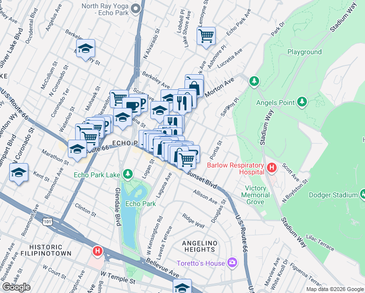 map of restaurants, bars, coffee shops, grocery stores, and more near 1414 Fairbanks Place in Los Angeles