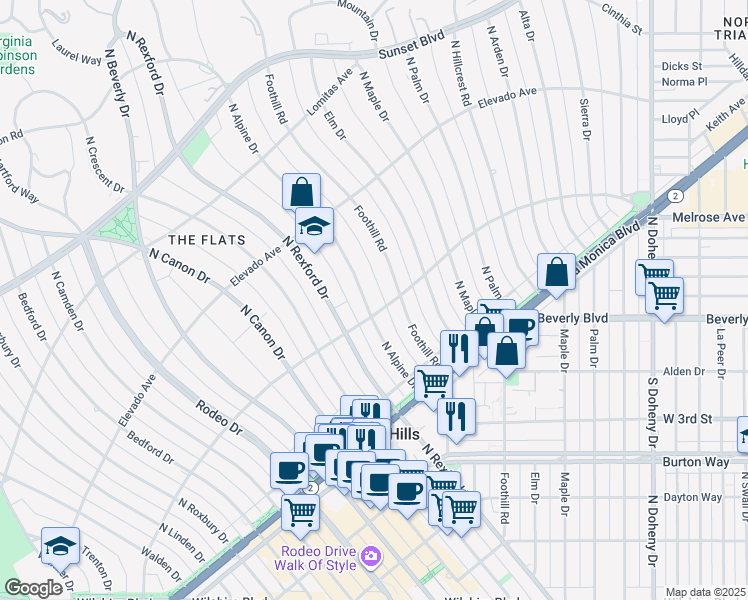 map of restaurants, bars, coffee shops, grocery stores, and more near 604 North Alpine Drive in Beverly Hills