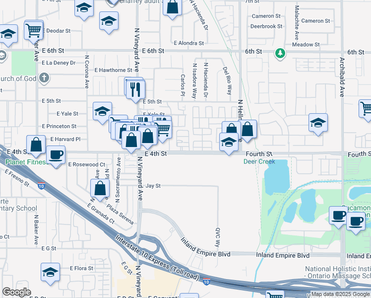 map of restaurants, bars, coffee shops, grocery stores, and more near 2076 East Bulletin Privado in Ontario