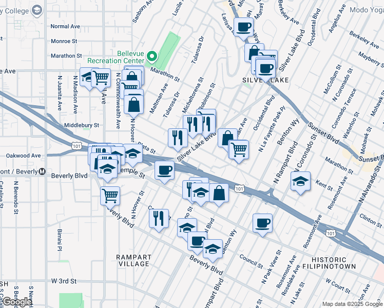 map of restaurants, bars, coffee shops, grocery stores, and more near 3125 London Street in Los Angeles