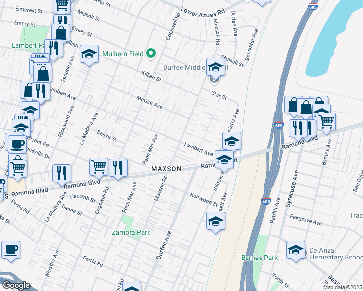 map of restaurants, bars, coffee shops, grocery stores, and more near 4276 Maxson Road in El Monte