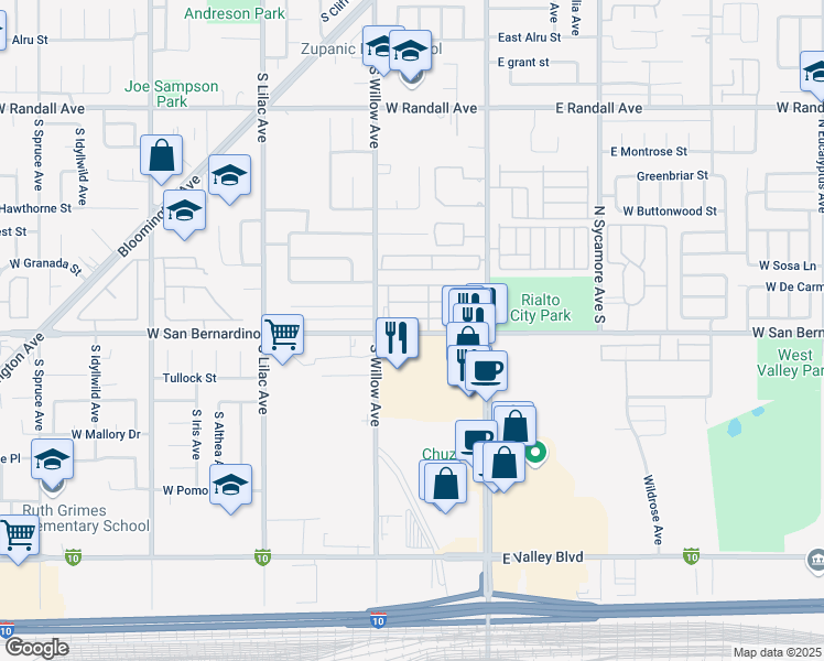 map of restaurants, bars, coffee shops, grocery stores, and more near 250 West San Bernardino Avenue in Rialto