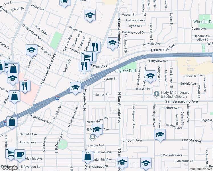 map of restaurants, bars, coffee shops, grocery stores, and more near 1997 Cloverdale Drive in Pomona