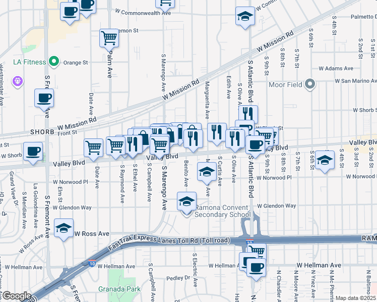 map of restaurants, bars, coffee shops, grocery stores, and more near 1226 Benito Avenue in Alhambra