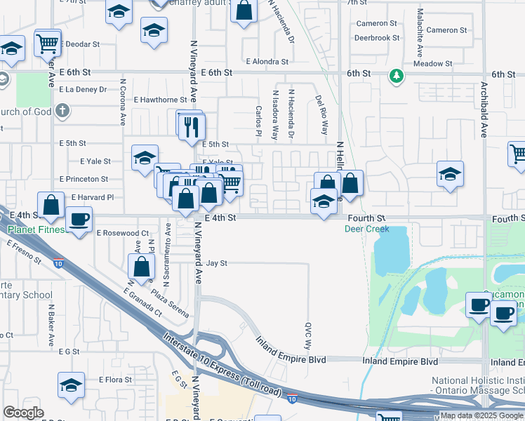 map of restaurants, bars, coffee shops, grocery stores, and more near 2076 East Bulletin Privado in Ontario